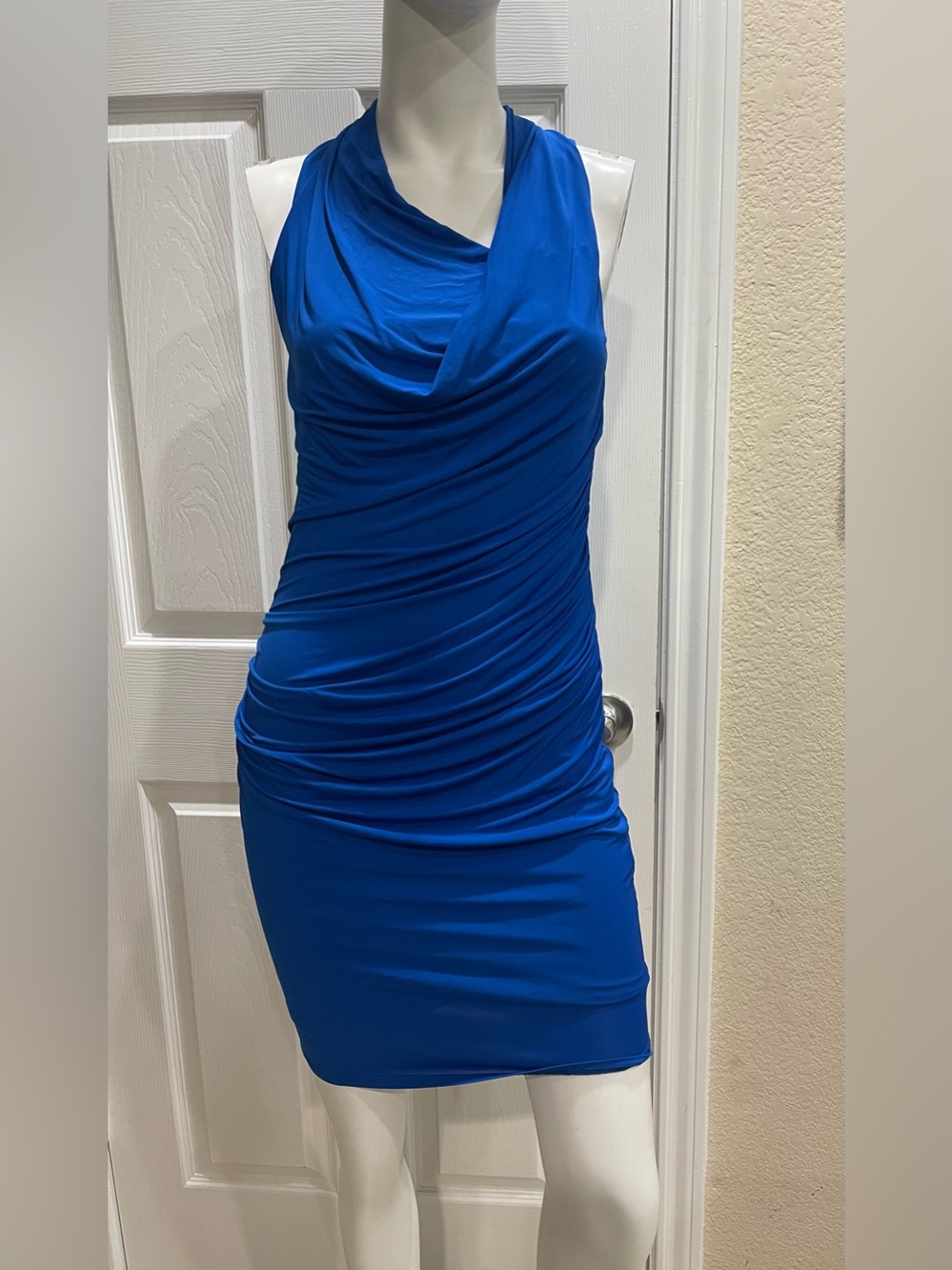 Helmut Lang Faint Side Cowl Draped Ruched Royal Blue Mini Dress Size Small